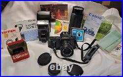 Canon T50 35mm SLR Film Camera COMPLETE PACKAGE Flash, Lenses Ect